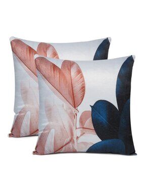 Oussum Cotton Cushion Cover Leaf Print White Square Pillow Case Set of 2